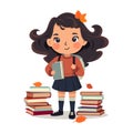 Happy little girl holding books and staying between book stacks. Back to school cartoon vector illustration Royalty Free Stock Photo