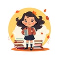 Happy little girl holding books and staying between book stacks. Back to school cartoon vector illustration