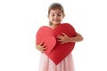 Happy little girl holds heart shaped cards in her hands. Feeling love, dreaming concept Royalty Free Stock Photo