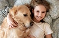 Happy Little Girl Hugging Golden Retriever Dog And Smiling Royalty Free Stock Photo