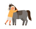 Happy little girl hugging pony vector flat illustration. Cute child and adorable horse enjoying friendship isolated on Royalty Free Stock Photo