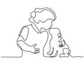 Happy little girl kissing dog pet puppy. Continuous one line drawing Royalty Free Stock Photo