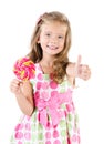 Happy little girl with lollipop and figer up Royalty Free Stock Photo