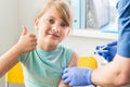 Happy little girl in medical doctor`s office is vaccinated. Thumb up. Syringe with vaccine for covid-19 coronavirus,flu,dangerous Royalty Free Stock Photo
