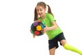 Happy little girl with multicolor soccer ball in her hands Royalty Free Stock Photo