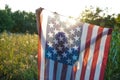 Happy little girl patriot running in the field with American flag Royalty Free Stock Photo