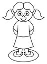 Happy little girl, picture for children coloring, black and white, isolated.