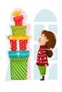 Happy little girl with pile of presents. A lot of gifts, stack of boxes, cute child wear knitted pullover with deer