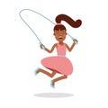 Happy little girl in a pink dress jumping with skipping rope cartoon character, kids physical activities vector Royalty Free Stock Photo