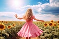 happy little girl in pink dress run in sunflower field AI generated Royalty Free Stock Photo