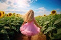 happy little girl in pink dress run in sunflower field Royalty Free Stock Photo