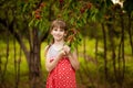 Happy little girl play near cherry tree in summer garden. Kid picking cherry on fruit farm. Child pick cherries in orchard.