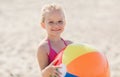 Happy little girl playing inflatable ball on beach Royalty Free Stock Photo