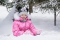 Happy little girl playing outdoors in winter park