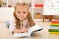 Happy little girl practicing reading Royalty Free Stock Photo