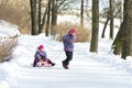 Happy little girl pulling her young sister on the sleds in snowy winter park