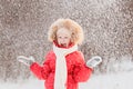 A happy little girl in a red suit is standing under falling snow in the forest. A child plays on a winter walk in the fresh air