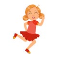 Happy little girl running and smiling in red dress, a colorful character