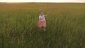 Happy little girl runs across a green field with outstretched arms. The child enjoys the fresh air laughs and claps his Royalty Free Stock Photo