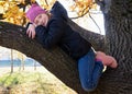 Happy little girl sitting on branch of big and smiling on sunny autumn day Royalty Free Stock Photo