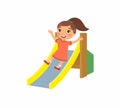 Happy little girl slides off a children`s slide. Joyful child, summer vacation. ÃÂ¡oncept of vacation and entertainment on the