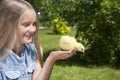 Happy little girl with a small chicken Royalty Free Stock Photo