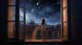 A happy little girl standing at a large window and looking at stars in the sky with dreamy and imaginative. Generative