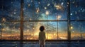 A happy little girl standing at a large window and looking at stars in the sky with dreamy and imaginative. Generative Royalty Free Stock Photo