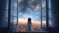 A happy little girl standing at a large window and looking at stars in the sky with dreamy and imaginative. Generative Royalty Free Stock Photo