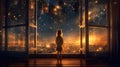 A happy little girl standing at a large window and looking at stars in the sky with dreamy and imaginative. Generative Royalty Free Stock Photo