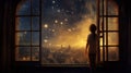 A happy little girl standing at a large window and looking at stars in the sky with dreamy and imaginative. Generative Royalty Free Stock Photo