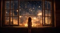 A happy little girl standing at a large window and looking at stars in the sky with dreamy and imaginative. Generative Royalty Free Stock Photo