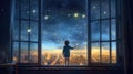 A happy little girl standing at a large window and looking at stars in the sky with dreamy and imaginative. Generative Royalty Free Stock Photo