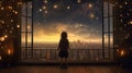 A happy little girl standing at a large window and looking at stars in the sky with dreamy and imaginative. Generative