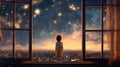 A happy little girl standing at a large window and looking at stars in the sky with dreamy and imaginative. Generative Royalty Free Stock Photo