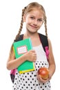 Happy little girl starts school, portrait, isolated