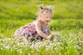 Happy little girl in summer dress with pigtails in a green field of summer grass with flowers Royalty Free Stock Photo