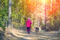 Little girl walking with a dog in the forest Royalty Free Stock Photo