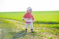 Happy little girl walking in the meadow and Royalty Free Stock Photo