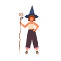 Happy little girl in witch hat holding magic cane vector flat illustration. Smiling cute female kid sorcerer standing Royalty Free Stock Photo