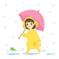 Happy Little Girl in Yellow Raincoat Holding an Umbrella Vector