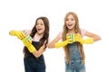 Happy little girls with cleaning sponge. Housekeeping duties. sisters wash dishes isolated on white. family day. help Royalty Free Stock Photo