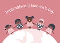 Happy little girls stand on the globe. Girls holding hands. International Women\'s Day concept Royalty Free Stock Photo