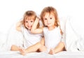 Happy little girls twins sister in bed under the blanket having fun Royalty Free Stock Photo