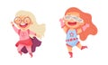 Happy little girls wearing colorful superheroes costumes set. Kids having fun at carnival or birthday party cartoon