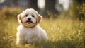 Happy little havanese puppy dog is sitting in the grass