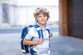 Happy little kid boy with backpack or satchel. Schoolkid on the way to school. Healthy adorable child outdoors on the