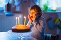 Little kid boy celebrating his birthday and blowing candles on cake Royalty Free Stock Photo