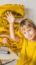 Happy little kid boy celebrating his birthday and blowing candles on homemade baked cake, indoor. Birthday party for Royalty Free Stock Photo