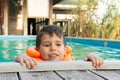 Happy little kid boy having fun in an swimming pool. Active happy preschool child learning to swim. Royalty Free Stock Photo